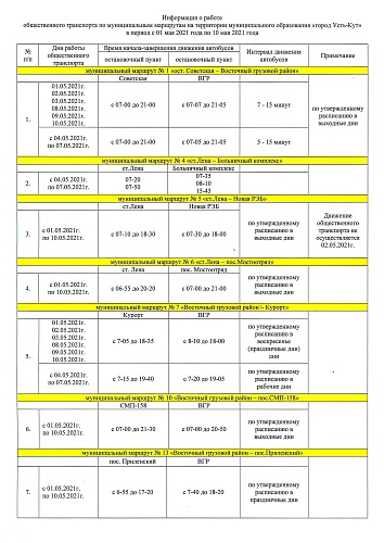 ОБЩЕСТВЕННЫЙ ТРАНСПОРТ УСТЬ-КУТА В ПЕРИОД МАЙСКИХ ПРАЗДНИКОВ БУДЕТ РАБОТАТЬ ПО ВРЕМЕННОМУ РАСПИСАНИЮ